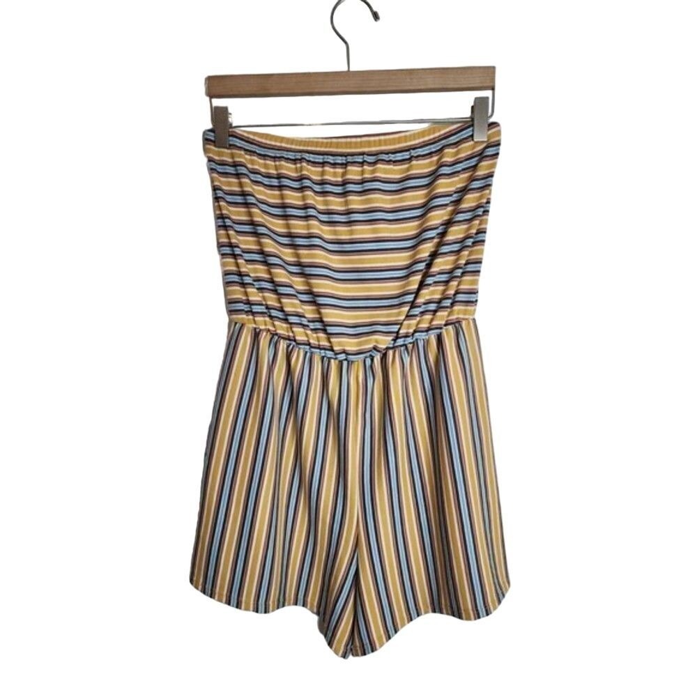 Wild Fable Romper Womens Small Yellow Striped Strapless Ribbed Knit Casual